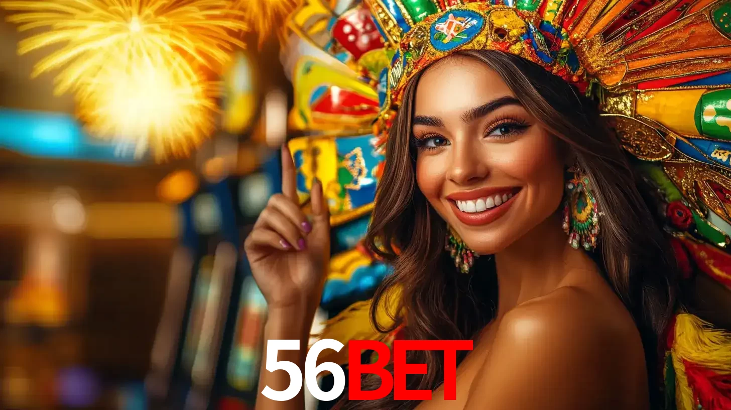 Mulher sorridente com um cocar de carnaval vibrante e colorido, celebrando uma grande vitória nos jogos do cassino 56BET com fogos de artifício ao fundo.