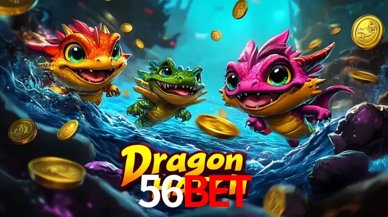 Arte promocional do jogo Dragon Hatch com três adoráveis dragões bebês nadando entre moedas de ouro, um dos slots mais divertidos para jogar no cassino 56BET.