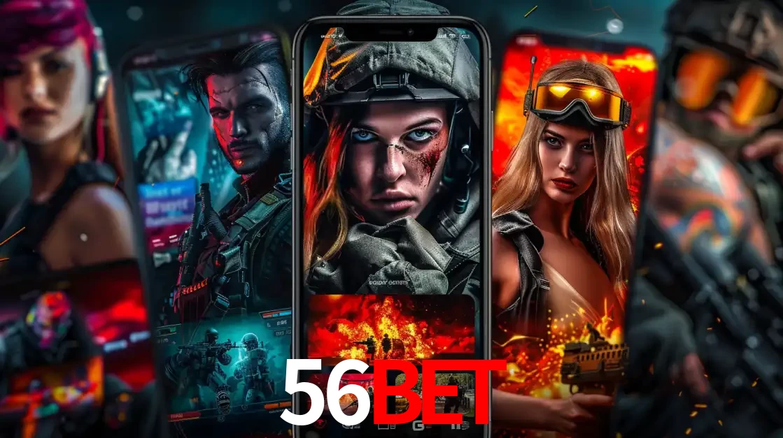 Montagem de telas de celular mostrando diversos personagens, masculinos e femininos, de um jogo de tiro, ilustrando a diversidade de equipes de e-sports para apostar no 56BET.