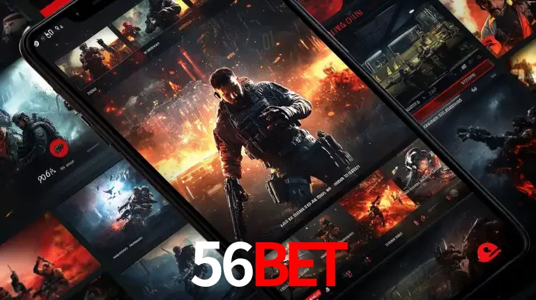 Tela de um celular exibindo uma galeria de jogos de tiro com temática militar, mostrando a variedade de e-sports disponíveis para apostas na plataforma de entretenimento 56BET.