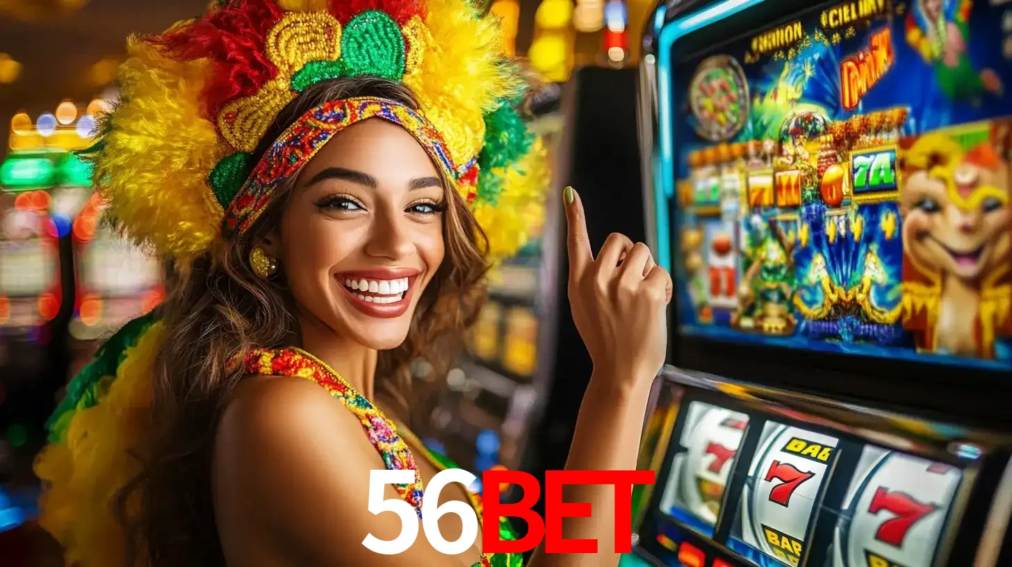 Mulher animada com um cocar de carnaval apontando para uma máquina de caça-níqueis, mostrando a emoção de ganhar um grande prêmio nos jogos do 56BET.