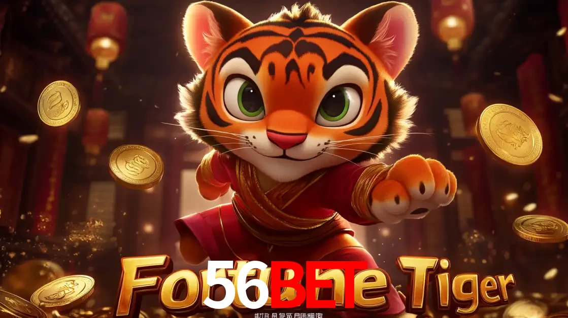 O carismático mascote do jogo de slot Fortune Tiger, um tigre fofo em pose de artes marciais, pronto para trazer sorte e multiplicadores de ganhos no cassino online 56BET.