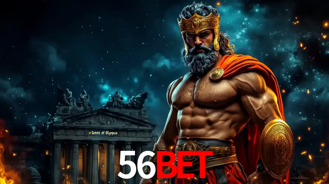 O poderoso Zeus do jogo de slot Gates of Olympus em frente ao seu templo, pronto para lançar multiplicadores divinos e prêmios épicos no cassino online 56BET.