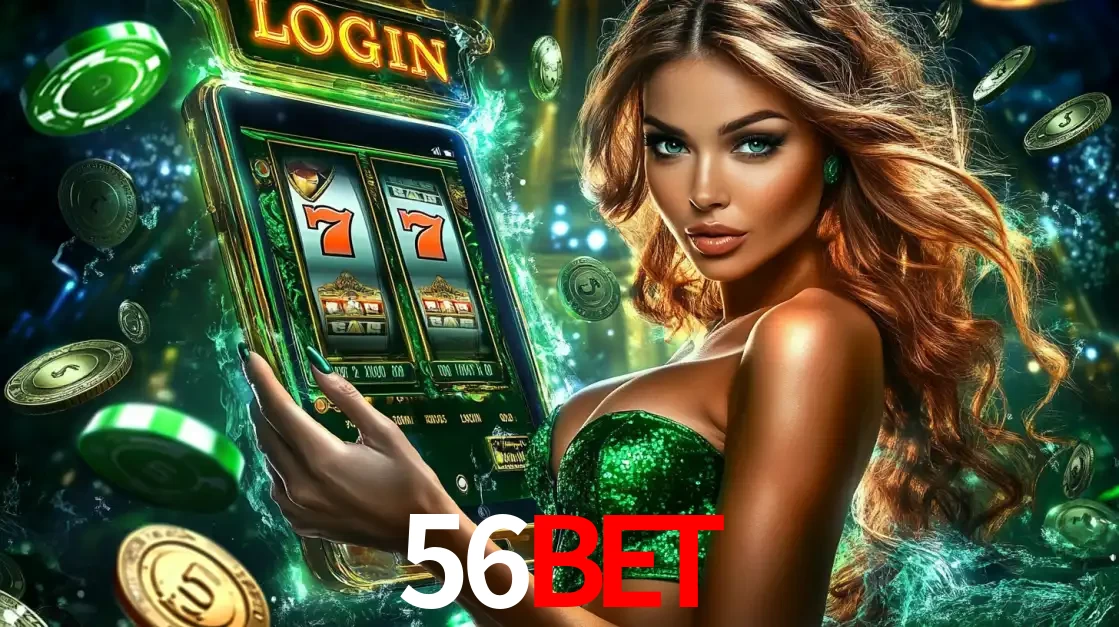 Mulher com tema verde apresentando o aplicativo do cassino 56BET com um jogo de slot de 777, cercada por fichas de cassino e uma aura de sorte.