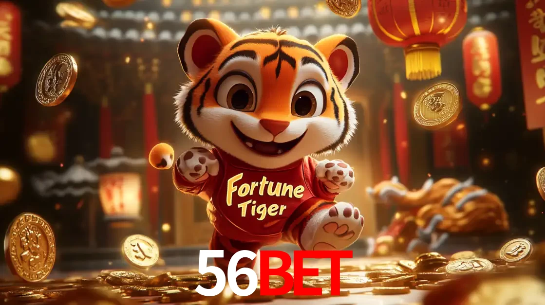 O alegre personagem do Fortune Tiger correndo sobre um caminho de moedas de ouro, simbolizando os grandes prêmios e a diversão do popular jogo de slot do 56BET.