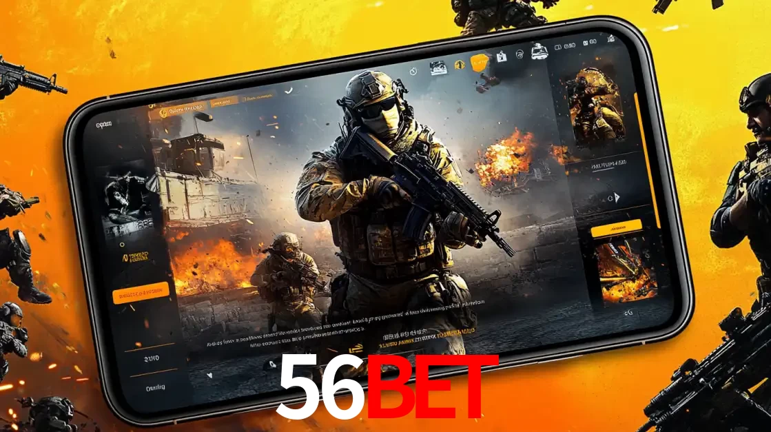 Um smartphone exibindo a interface de um jogo de tiro em primeira pessoa, com um soldado em um cenário de batalha, representando a ação dos e-sports para apostar no 56BET.