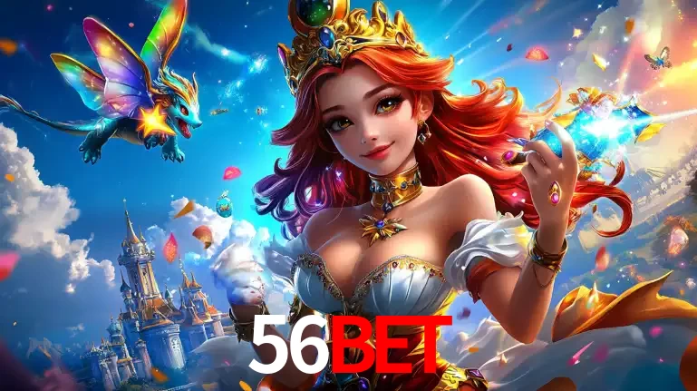 A princesa de um reino de fantasia mágico, com seu pequeno dragão, apresentando um mundo de prêmios encantados nos jogos de caça-níqueis do cassino 56BET.
