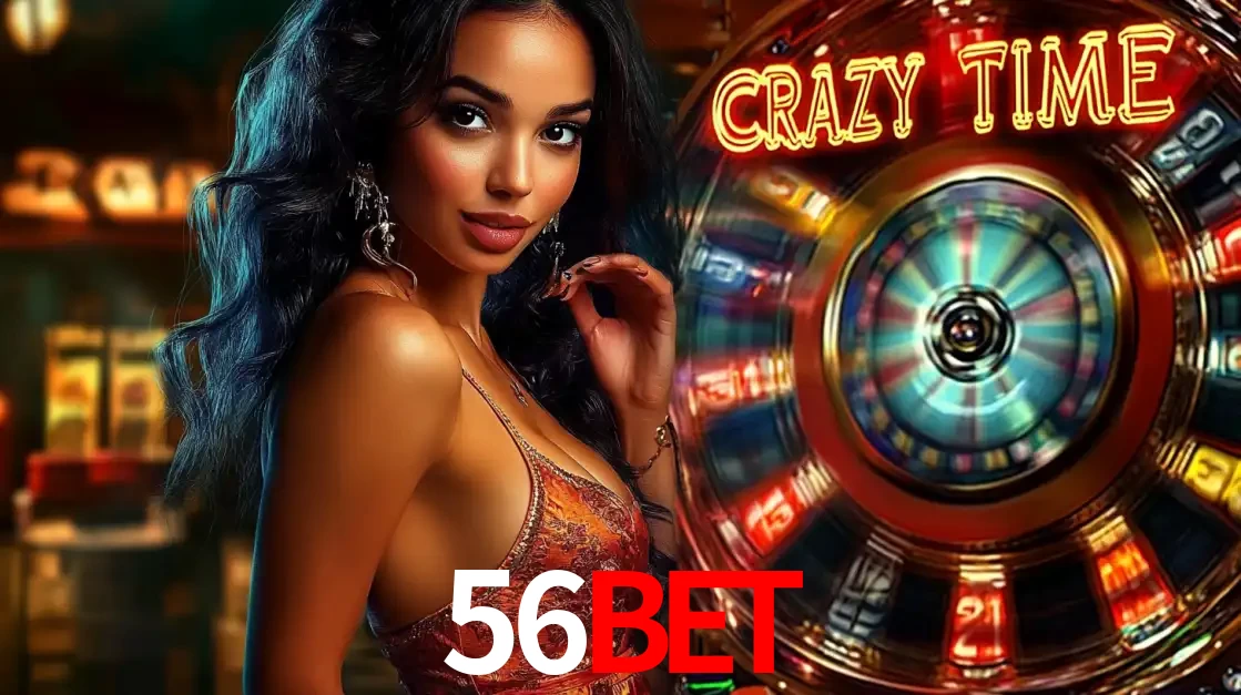Mulher elegante ao lado da vibrante roda da fortuna do jogo de cassino ao vivo Crazy Time, um dos game shows mais populares e cheios de prêmios do 56BET.