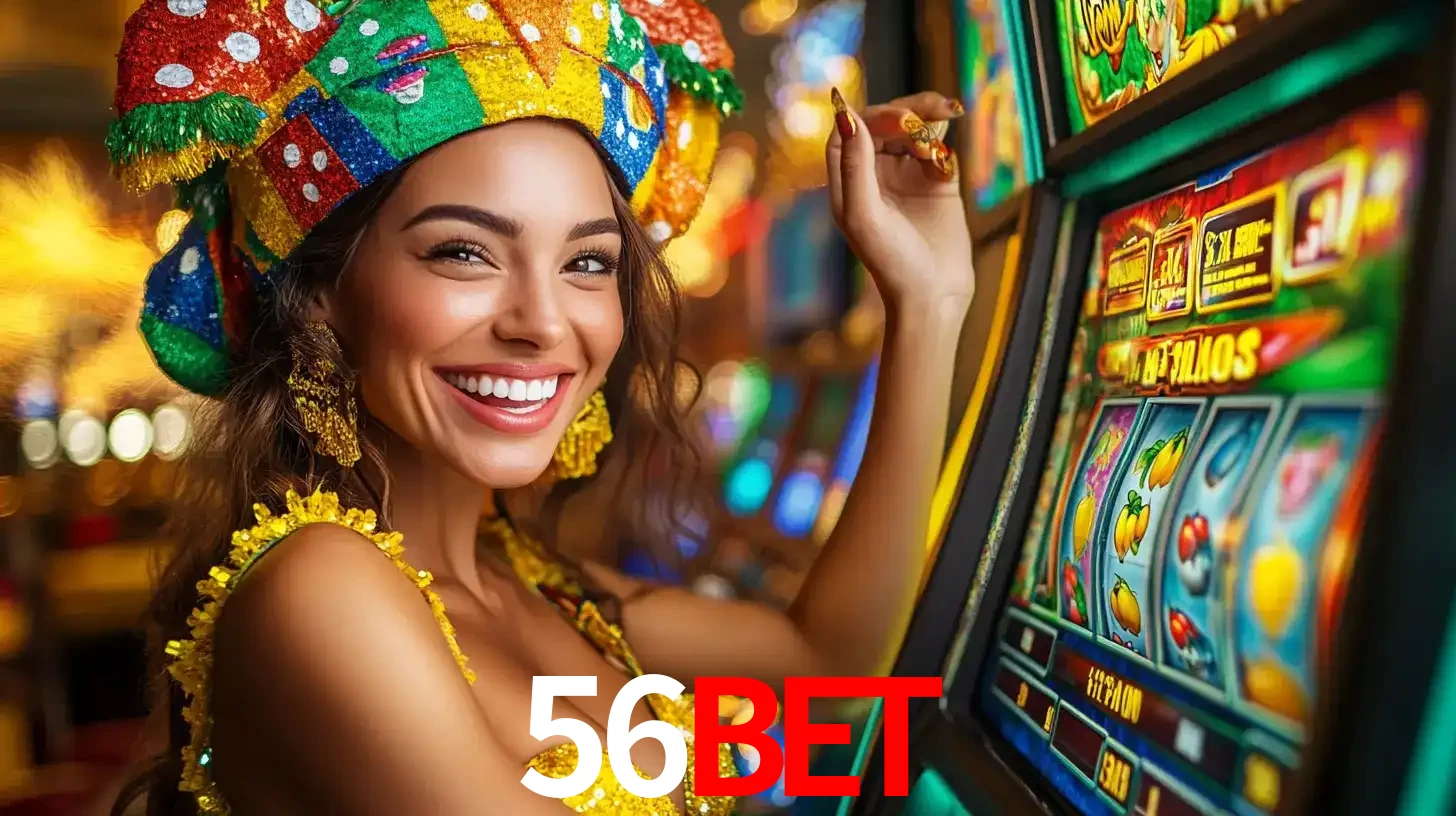 Mulher feliz com traje de carnaval amarelo e colorido ao lado de uma máquina de caça-níqueis, aproveitando a diversão e os jogos temáticos do cassino 56BET.