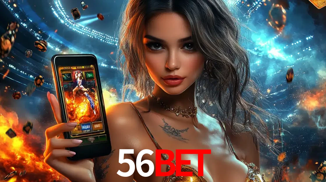 Mulher segurando um celular com um jogo de slot em destaque, tendo como fundo um estádio vibrante, simbolizando a emoção de jogar no cassino móvel 56BET.